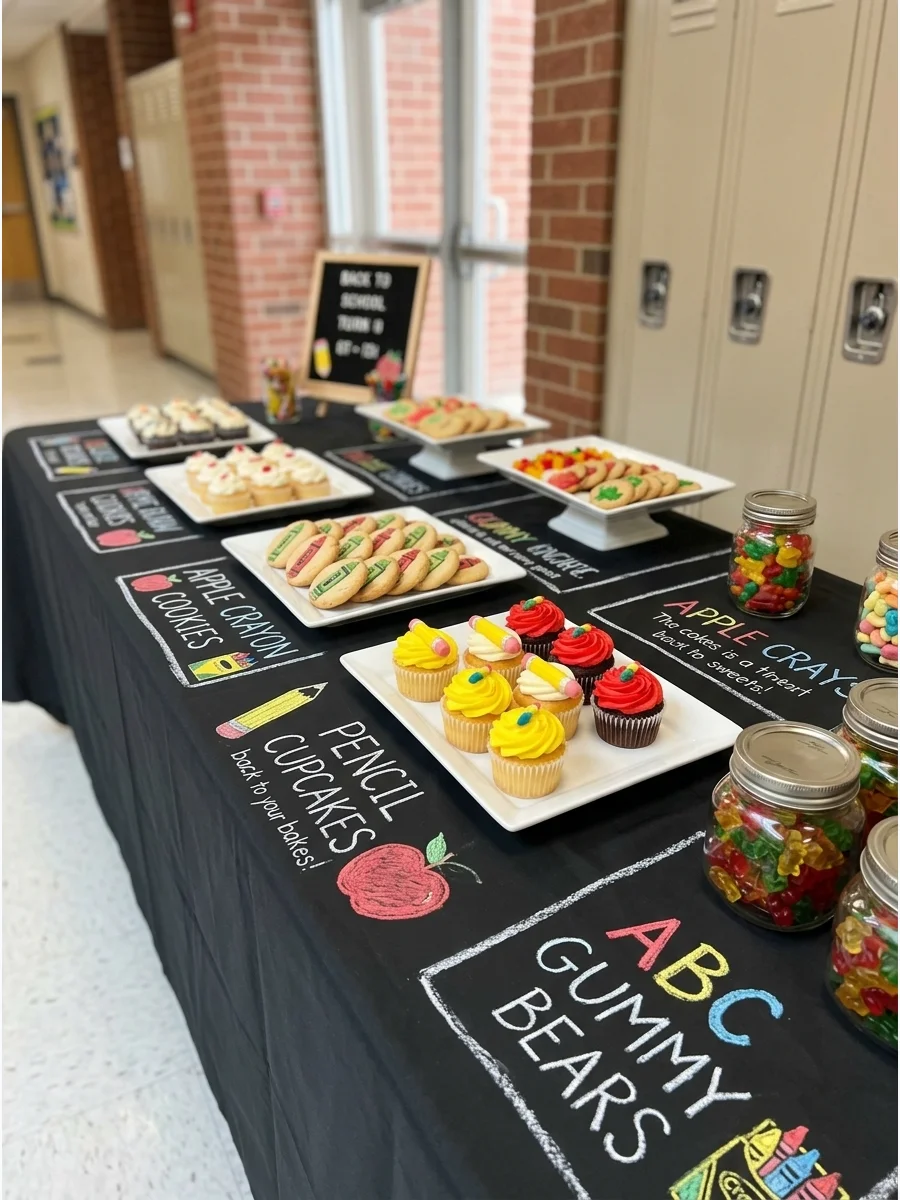 A black chalkboard-style dessert table with white chalk labels and colorful treats.