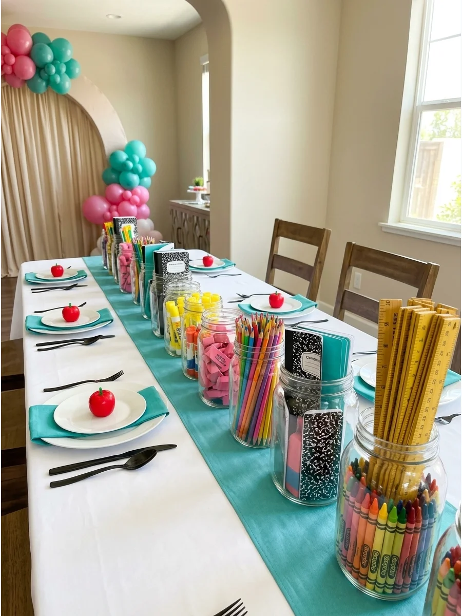 A table runner made of clear jars filled with various colorful school supplies.
