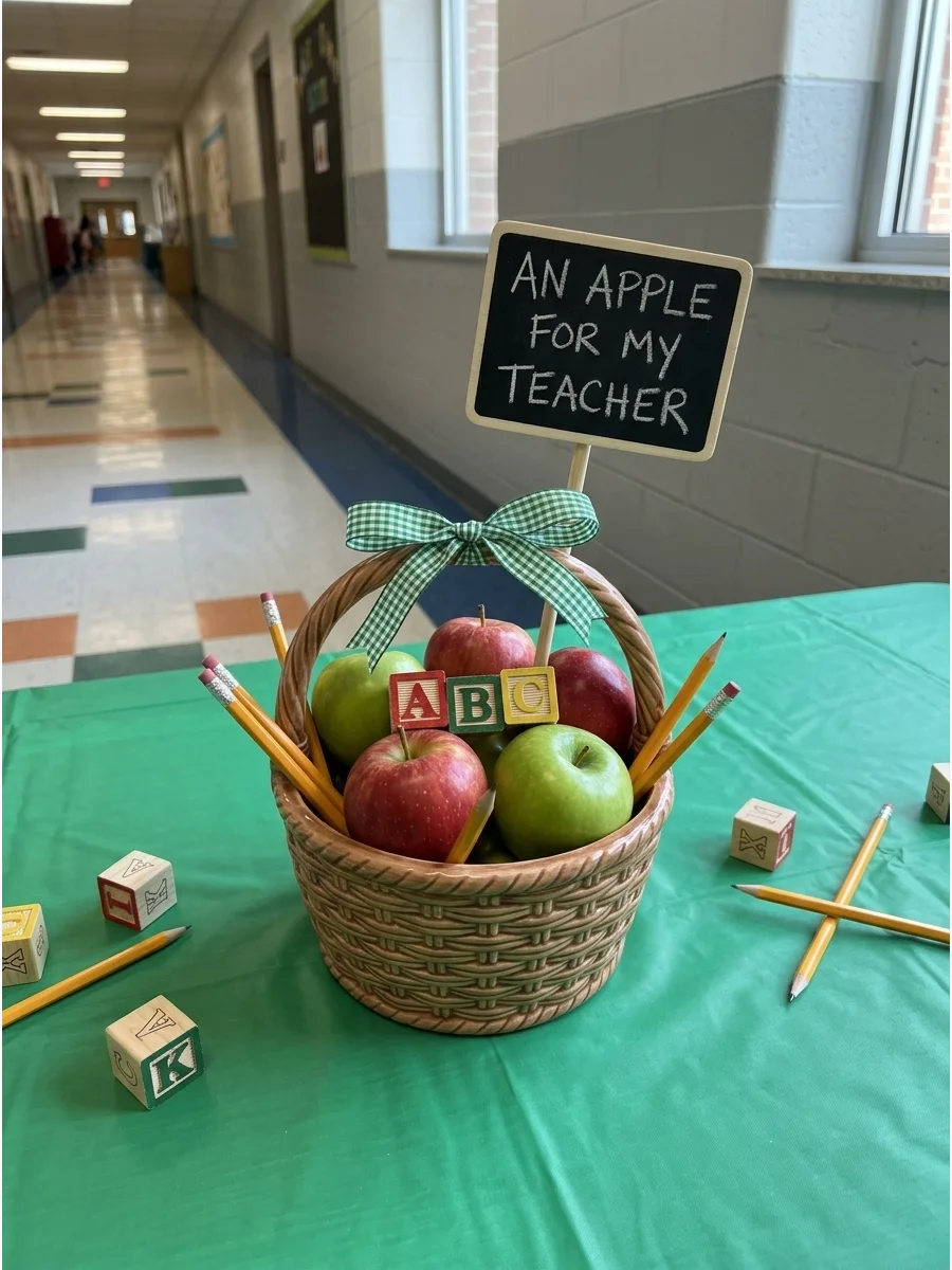Wicker baskets filled with red apples and pencils used as centerpieces on a green table.