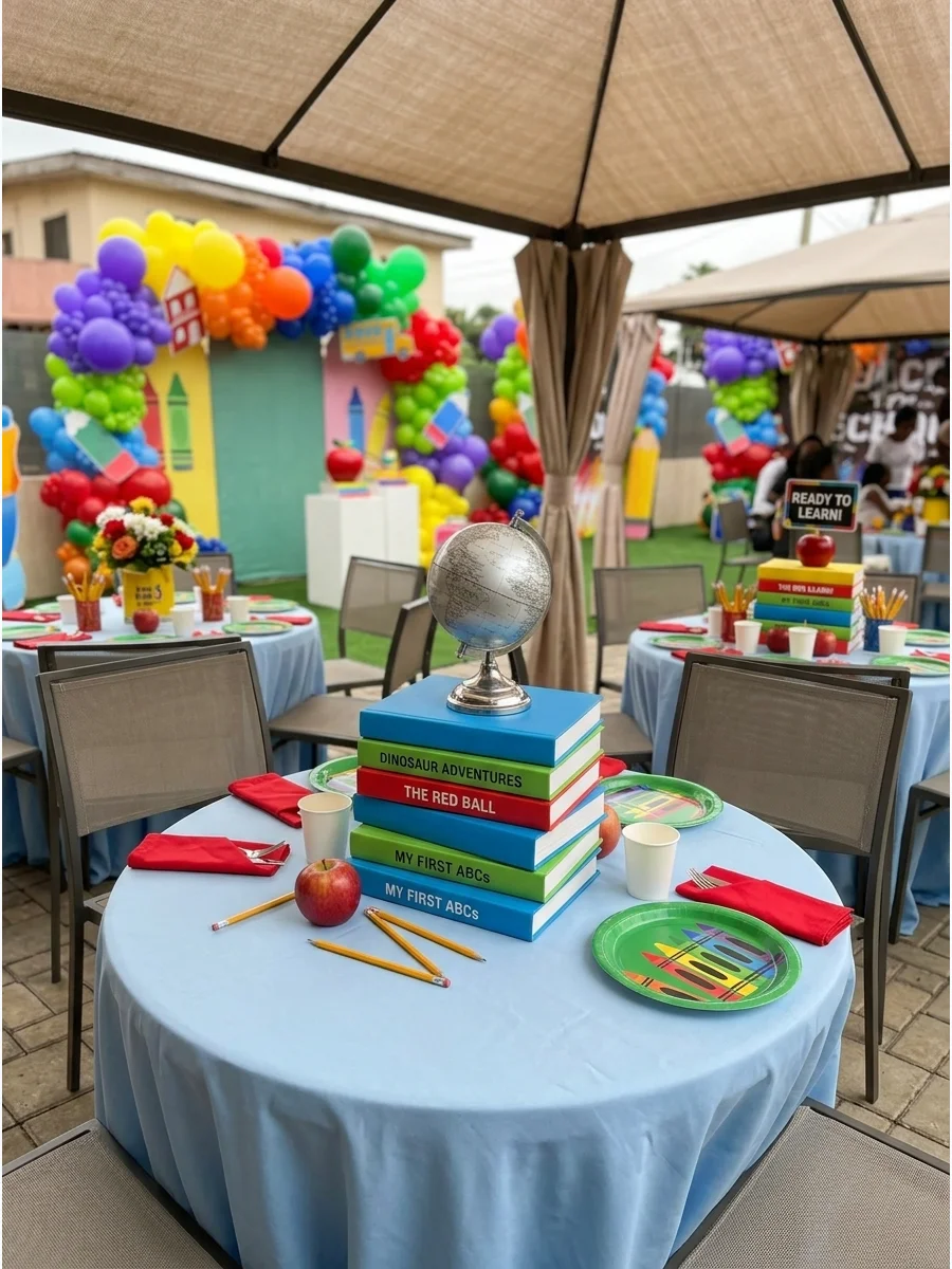 Stacks of colorful books topped with a small globe on a party table.