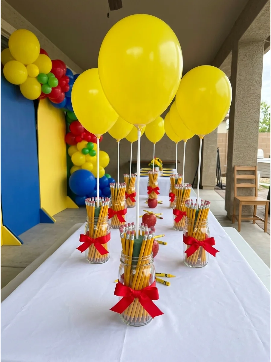 Glass jars filled with yellow pencils and decorated with red ribbons as centerpieces.