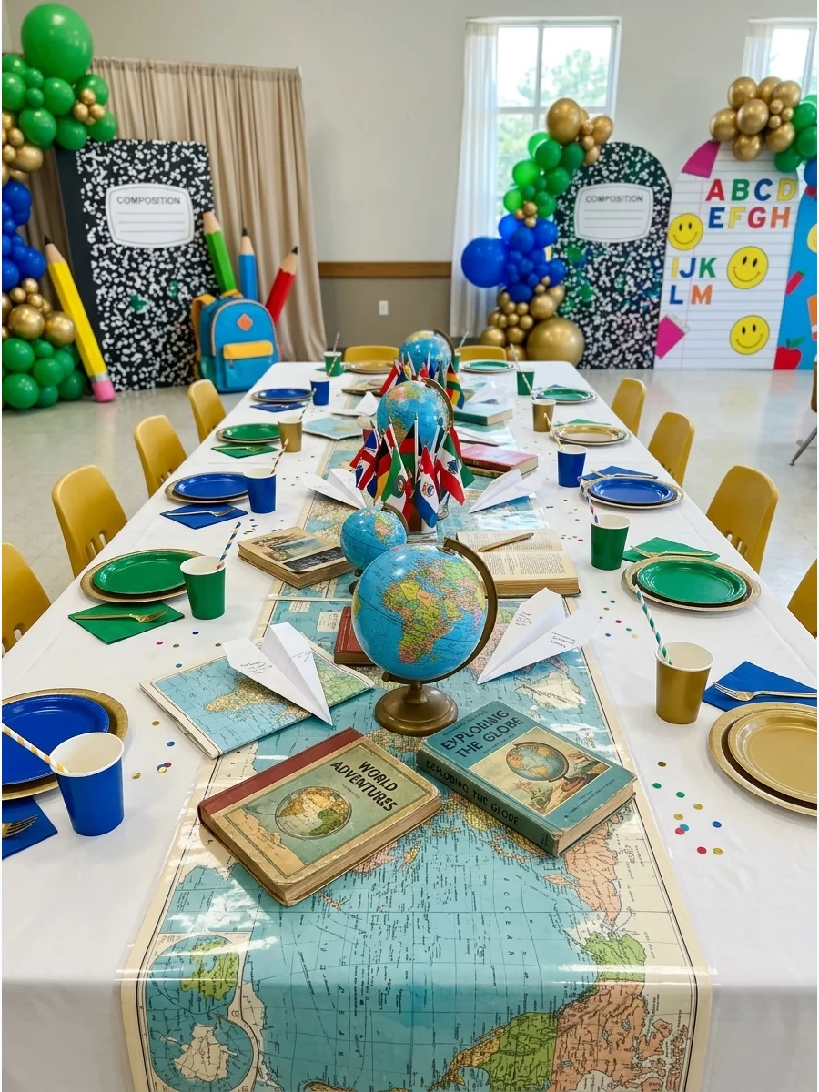 A table decorated with a map runner, small globes, and paper airplanes.