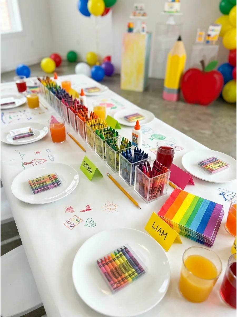 A guest table with a white paper cloth, rainbow crayons, and individual crayon box favors.
