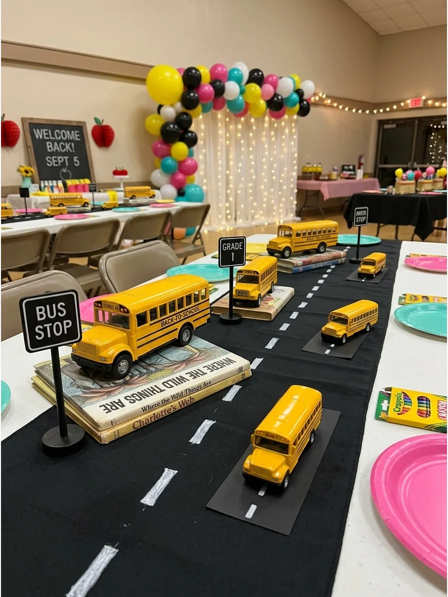 Yellow toy school buses arranged on a black road-themed table runner.