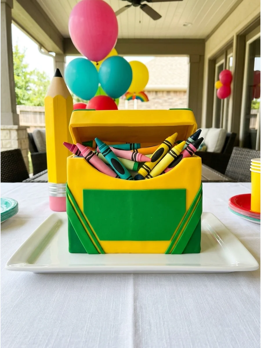 A rectangular cake decorated to look like a yellow crayon box with colorful chocolate crayons on top.