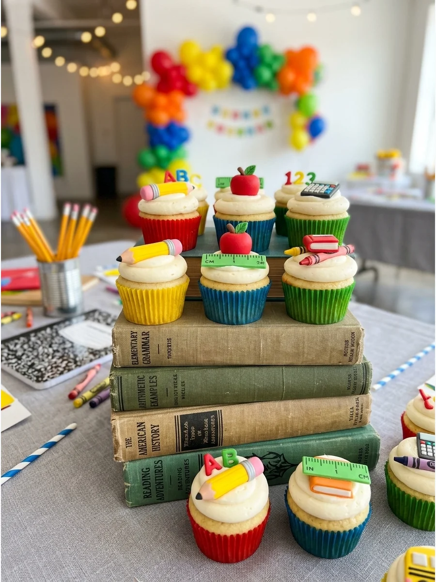 Cupcakes topped with small edible school supplies arranged on a stack of textbooks.