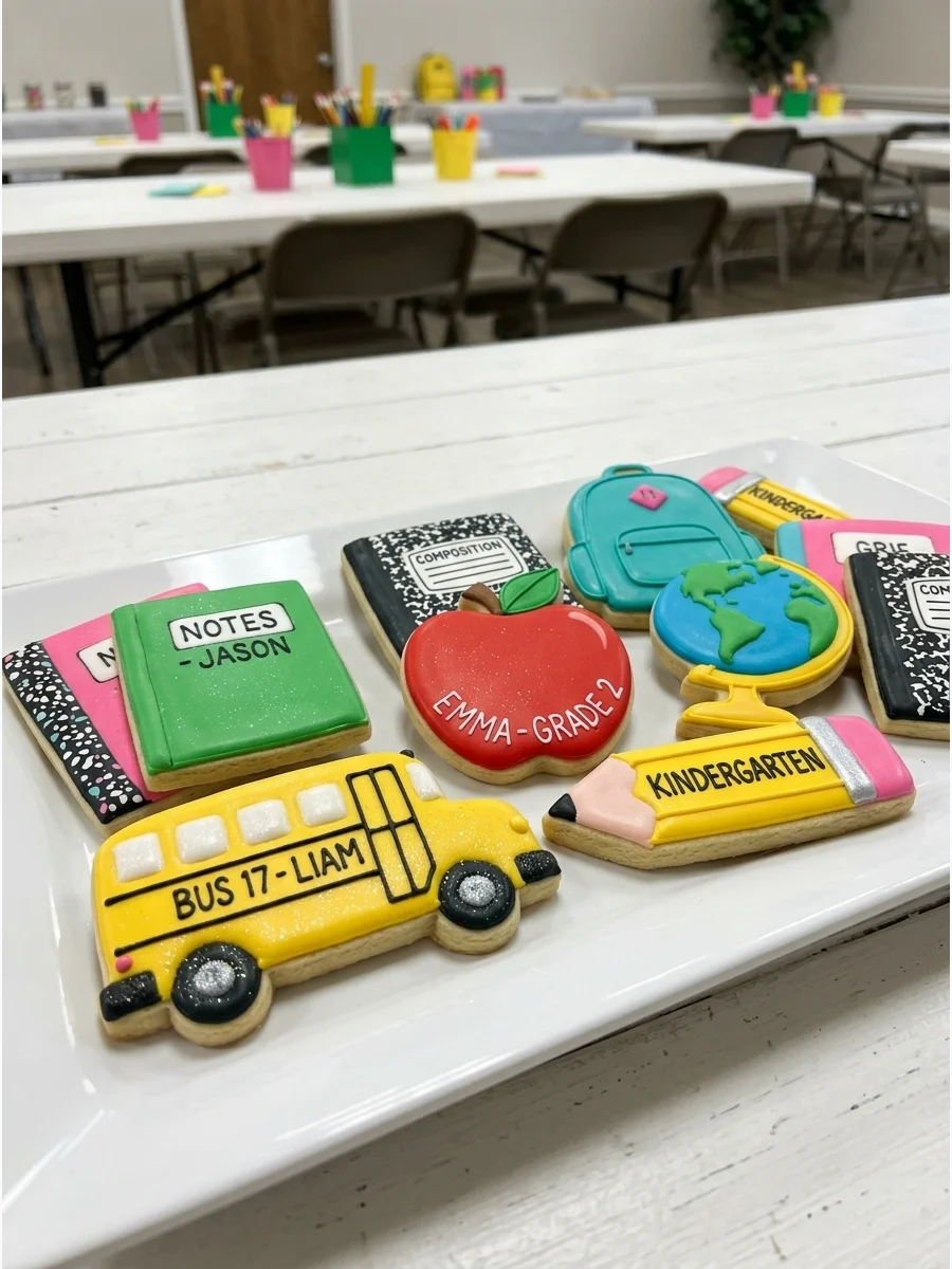 Assorted sugar cookies shaped like school buses and apples with colorful icing.