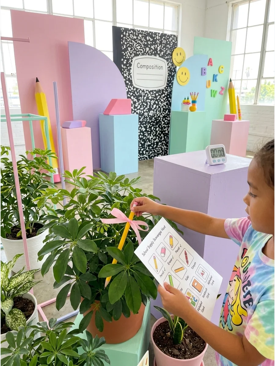 A child participating in a scavenger hunt for school supplies in an outdoor setting.