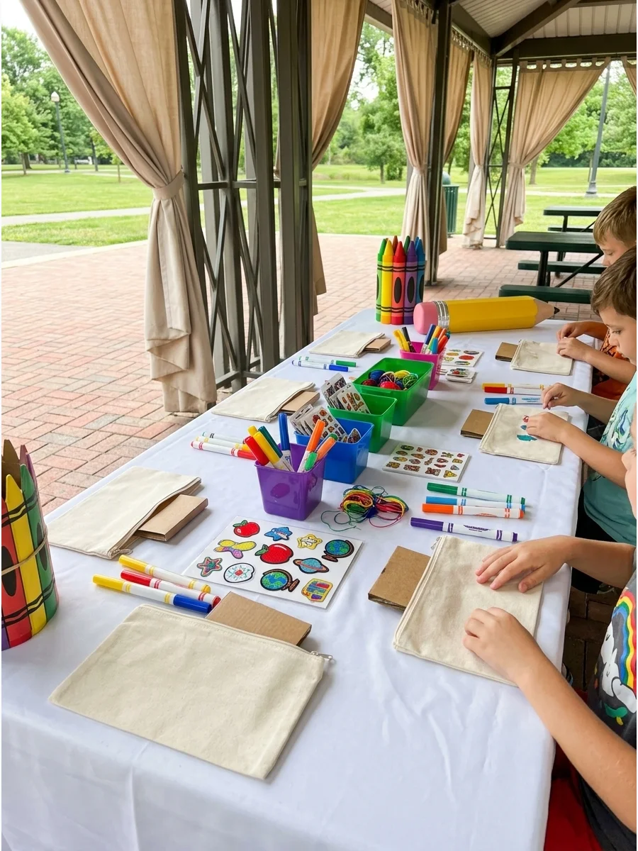 A craft station with plain pencil cases and markers for children to decorate.