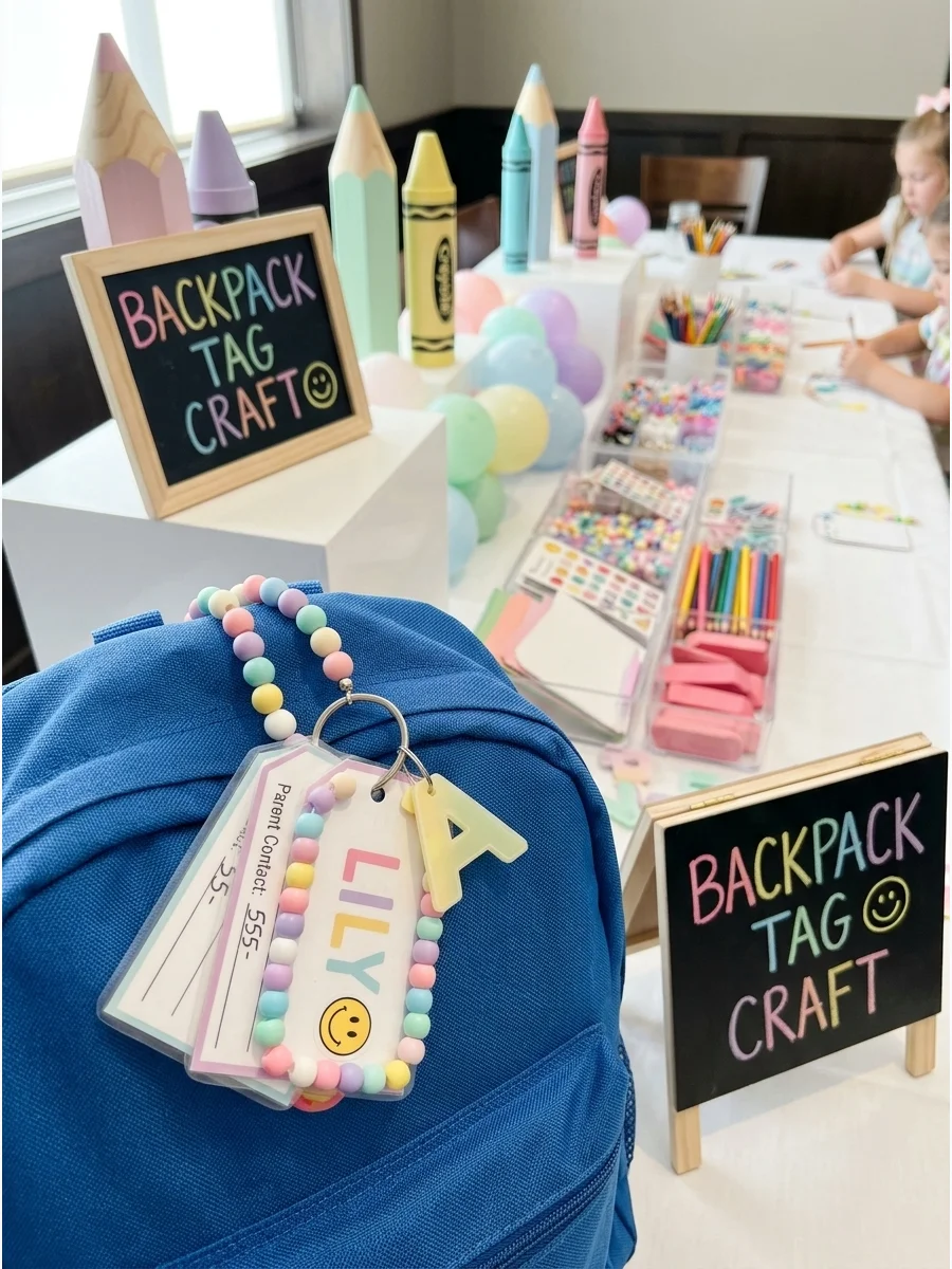 A handmade beaded backpack tag with a name label attached to a student's bag.