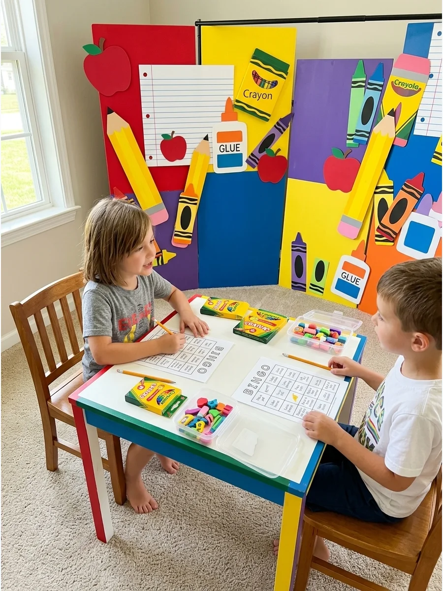 Children playing a friendship bingo game to get to know each other at a party.