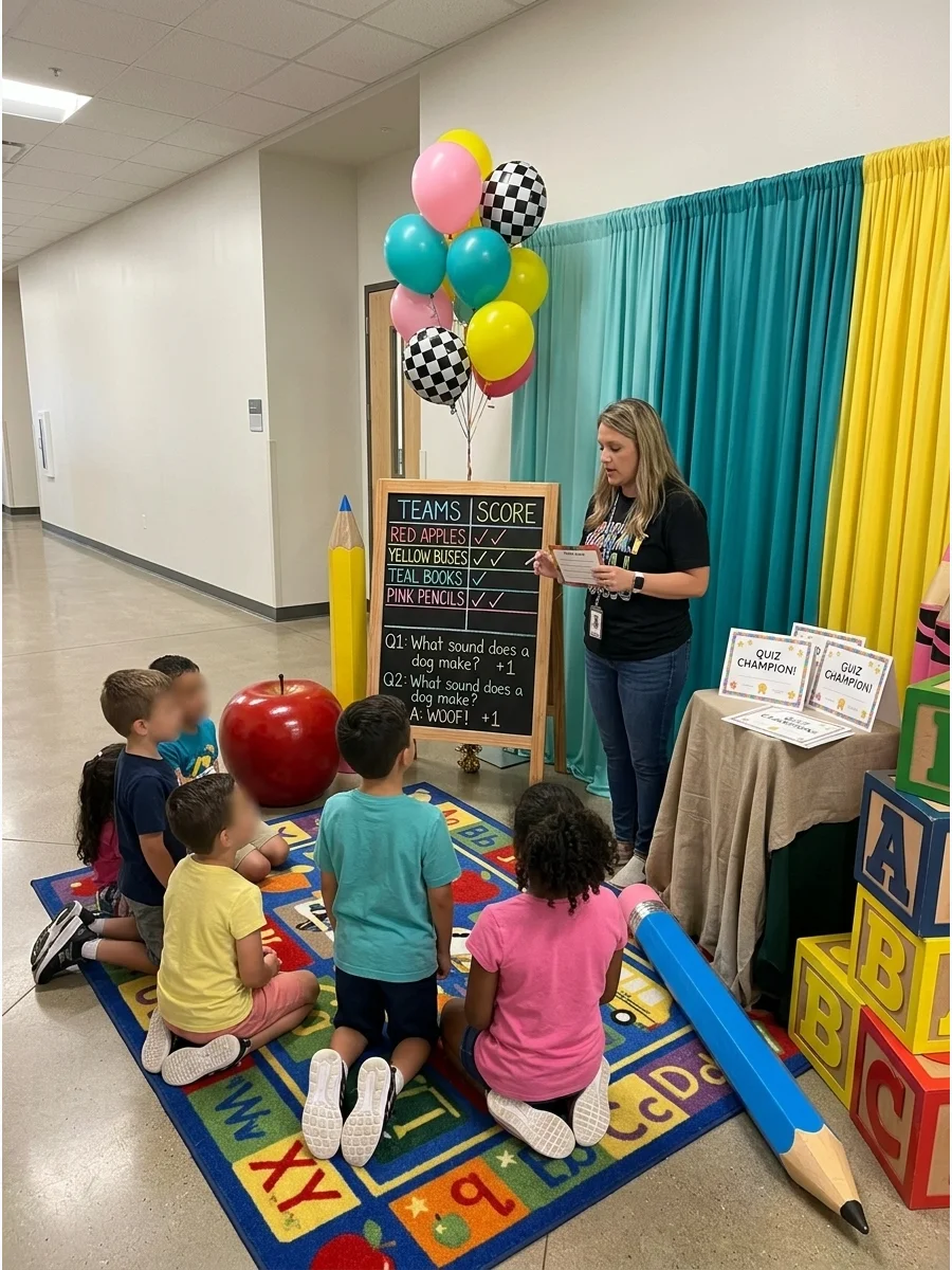 A group of children participating in a school-themed trivia game.
