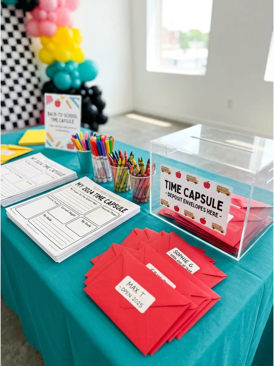 A time capsule station with worksheets, markers, and red envelopes on a table.