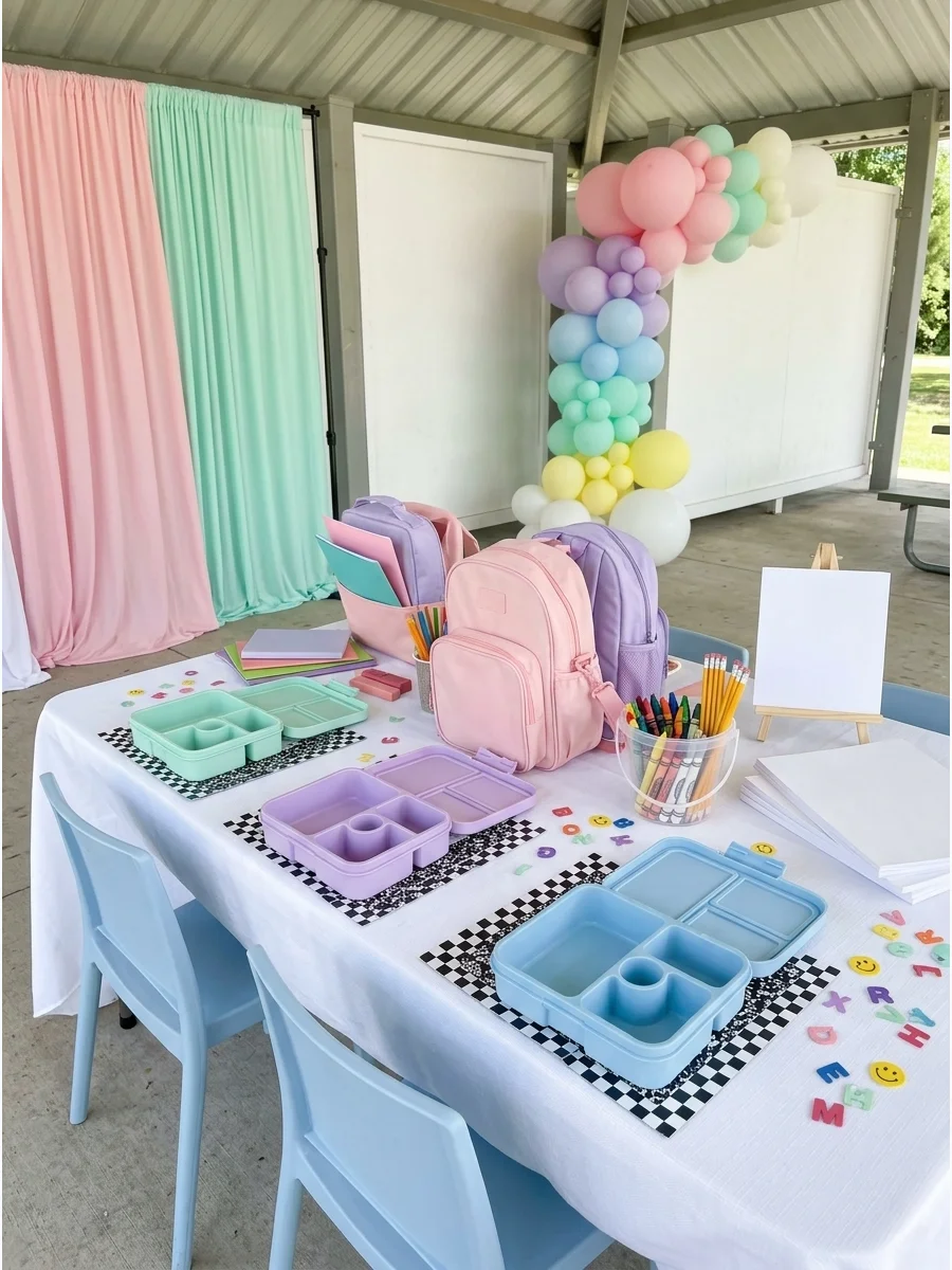 A practice station with various lunch boxes and backpacks on a low table.