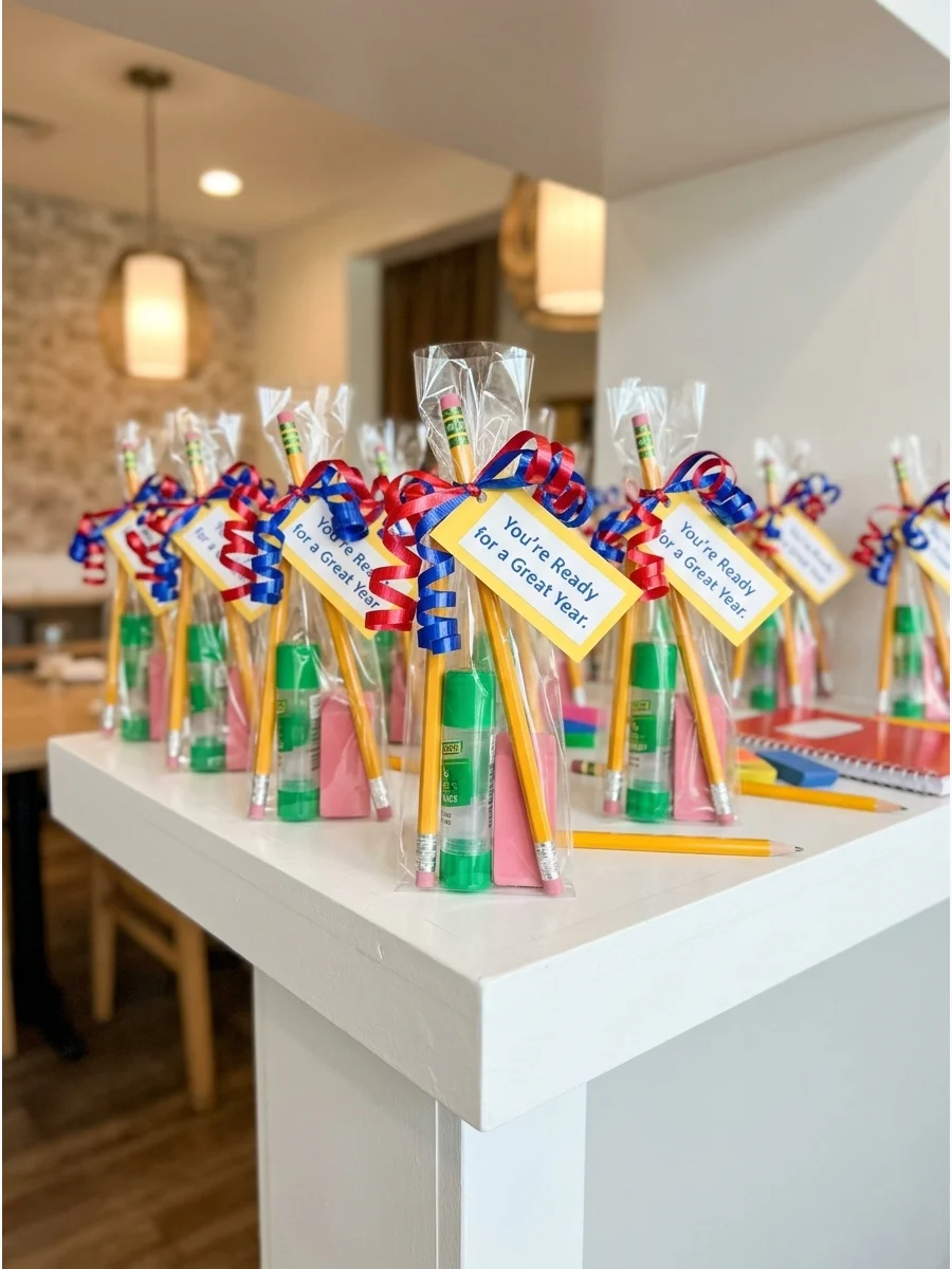 Clear favor bags filled with school supplies lined up on a white shelf.