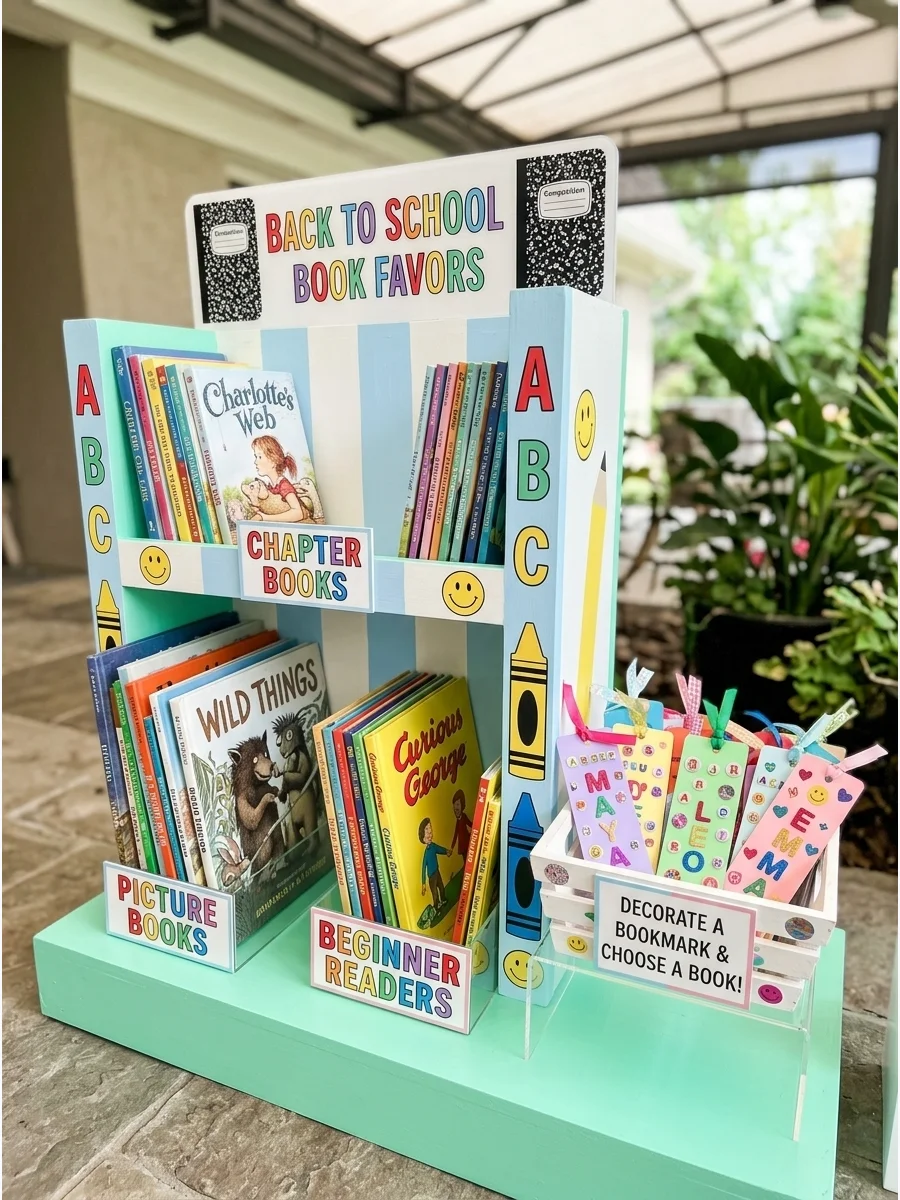 A blue bookshelf filled with children's books and a basket of bookmarks.