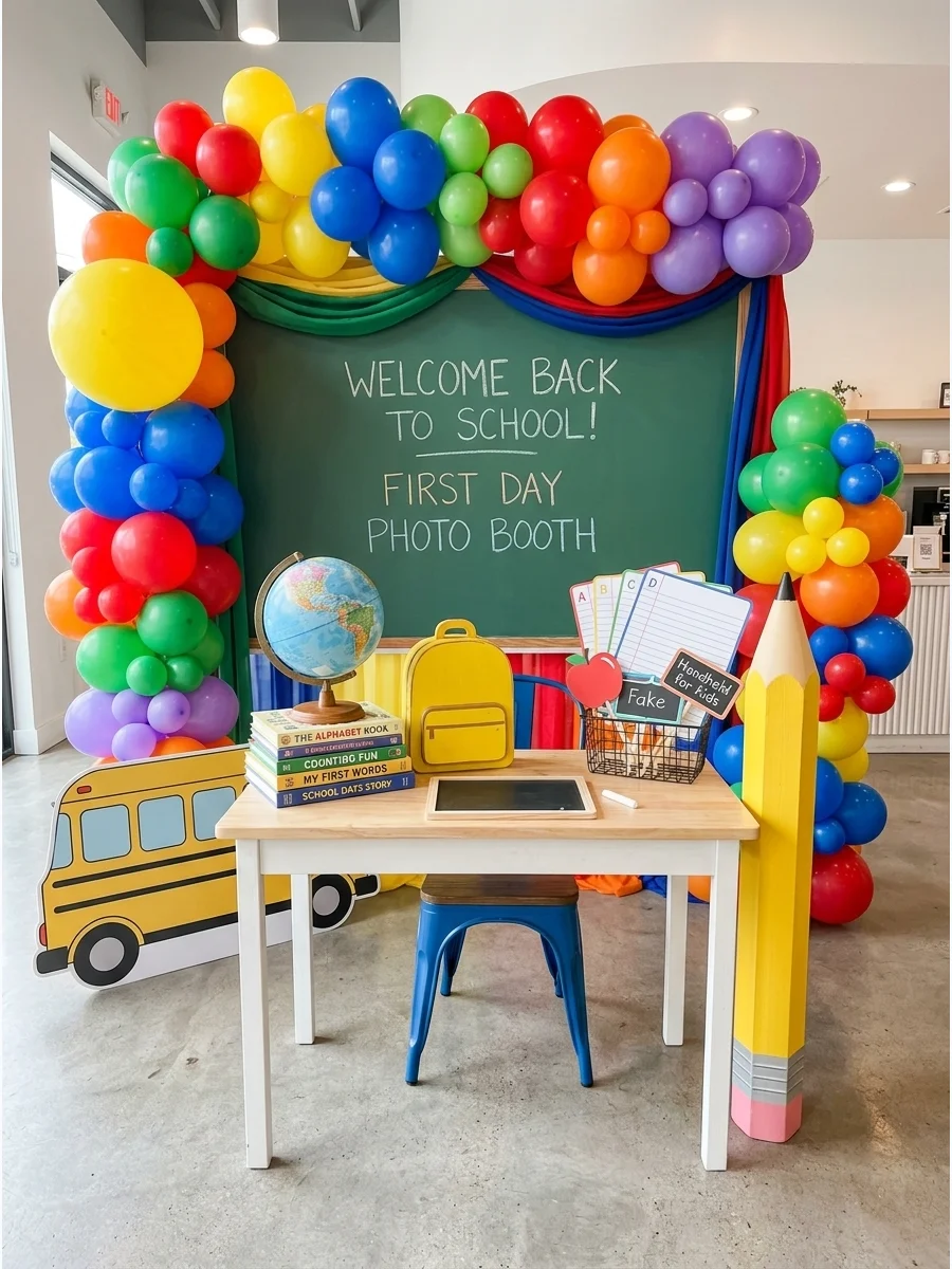 A school-themed photo booth with a chalkboard, desk, and giant pencil prop.