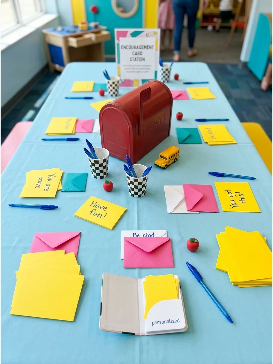 An encouragement station with a red mailbox and yellow note cards on a table.