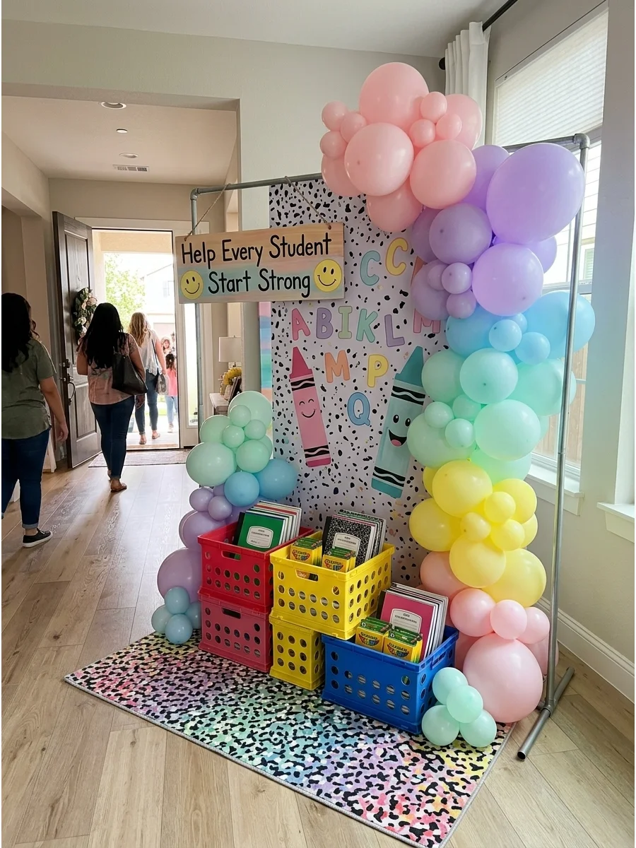 Colorful plastic crates filled with donated school supplies on a classroom rug.