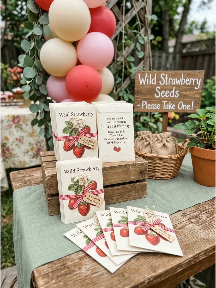 Vintage strawberry seed packet invitations with red ribbon and dried flowers.