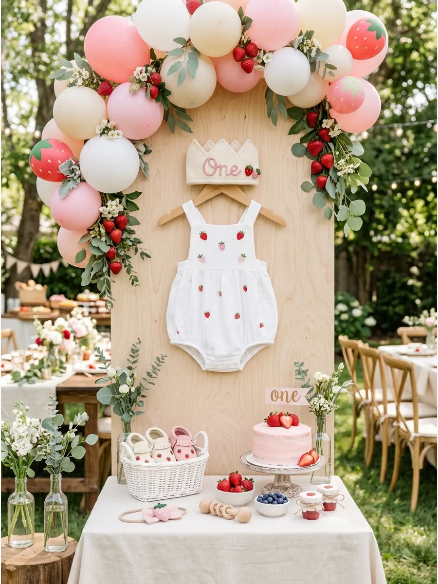 Embroidered white baby romper with strawberries and a soft pink crown.