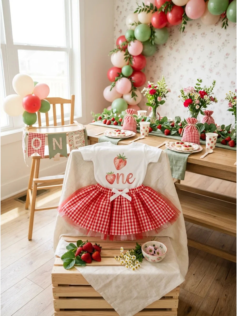 Red gingham tutu skirt and white t-shirt with strawberry graphic.
