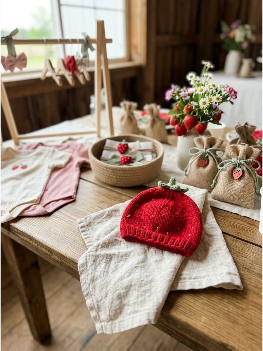 Red hand-knit baby bonnet shaped like a strawberry with a green stem.