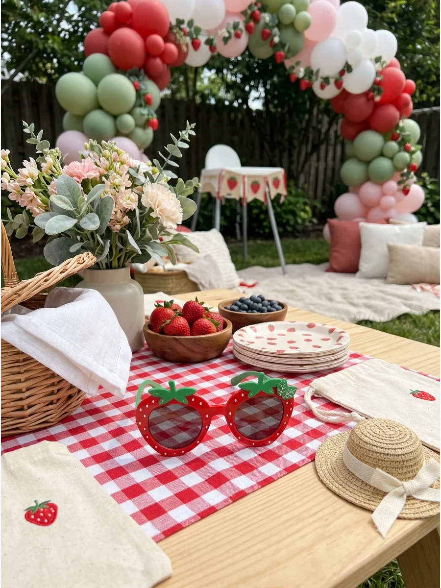 Strawberry-shaped red toddler sunglasses on a checkered cloth.