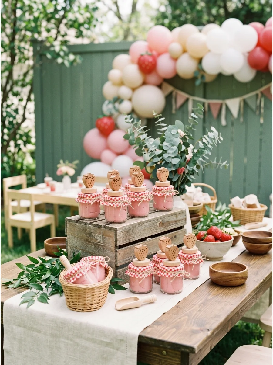 Pink sensory playdough in jars with wooden strawberry stampers.
