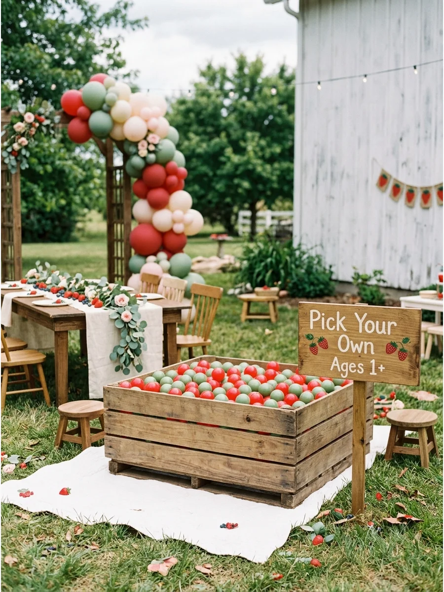 Wooden crate ball pit filled with red and green balls and a rustic sign.