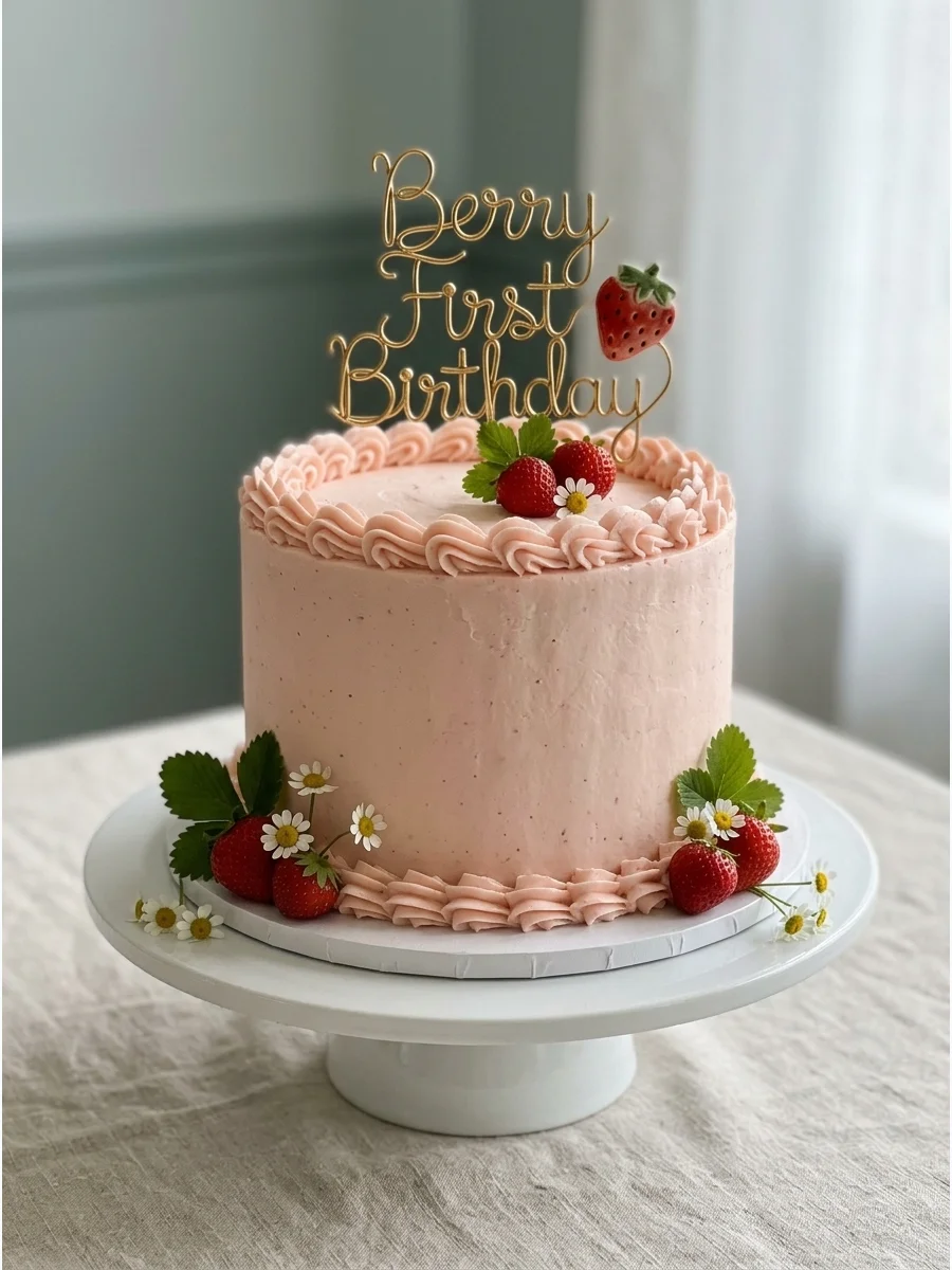 A pale pink round cake decorated with fresh strawberries and small white flowers on a white stand.