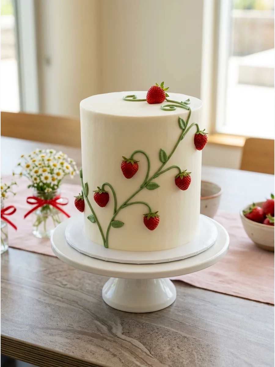 A minimalist white cake with a green vine and small red strawberries winding around the sides.