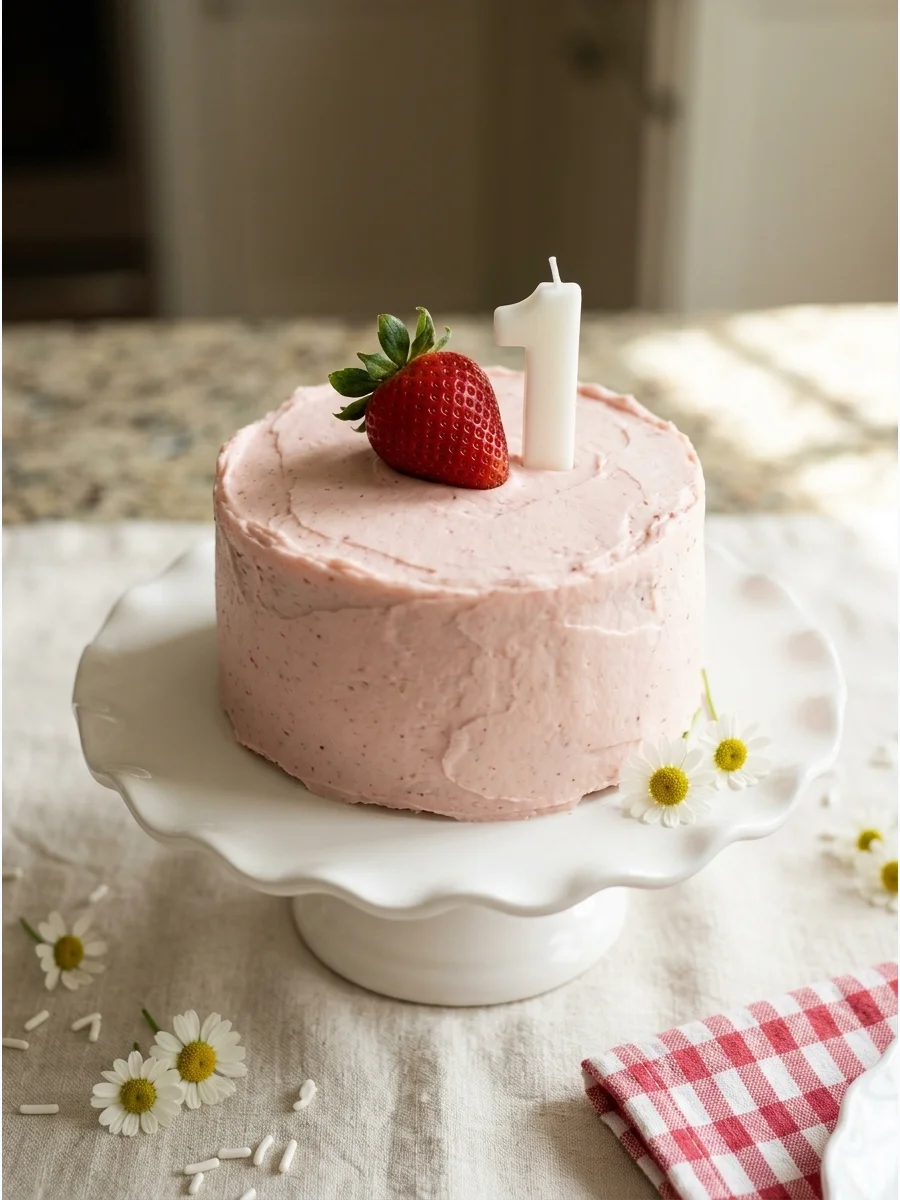 A small pink smash cake topped with a single strawberry and a white candle.