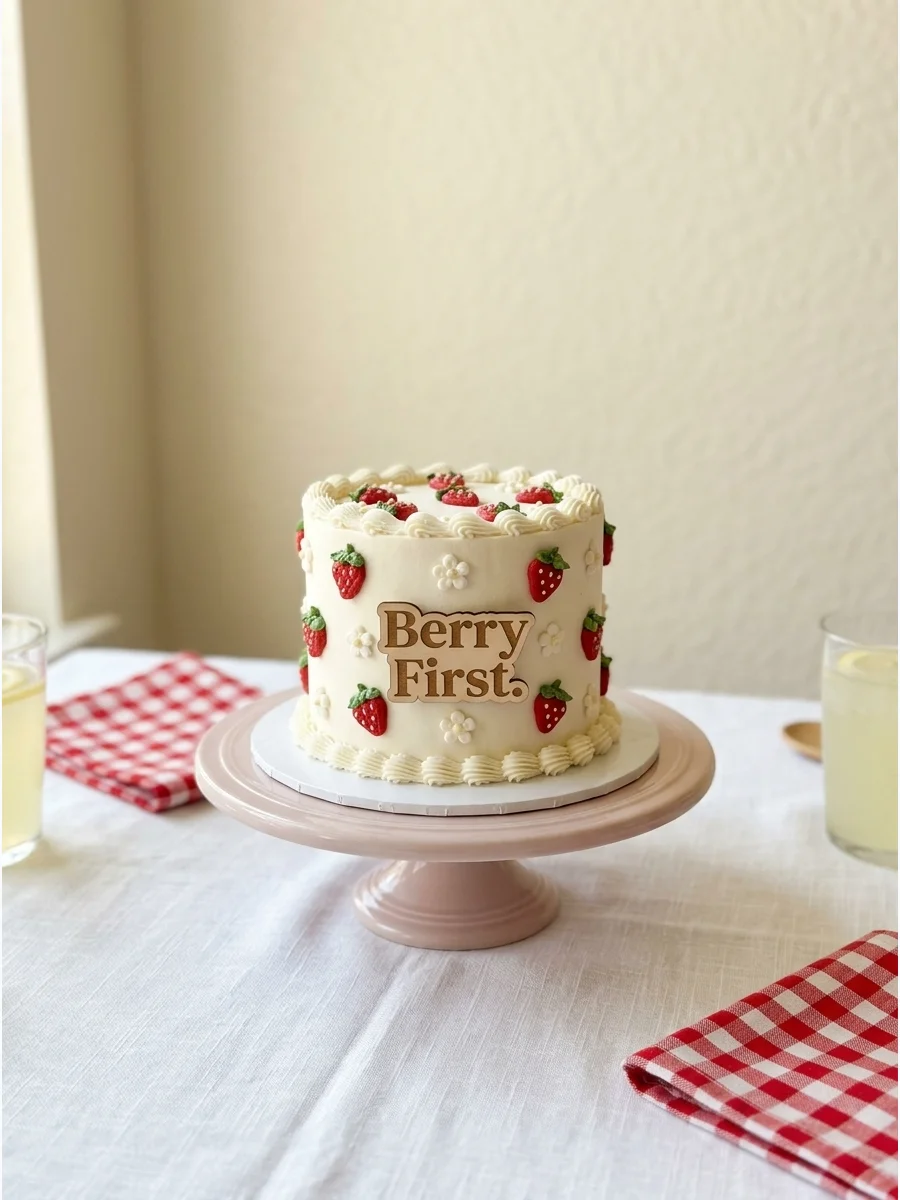 A mini white cake with tiny piped strawberries and a wooden Berry First topper.