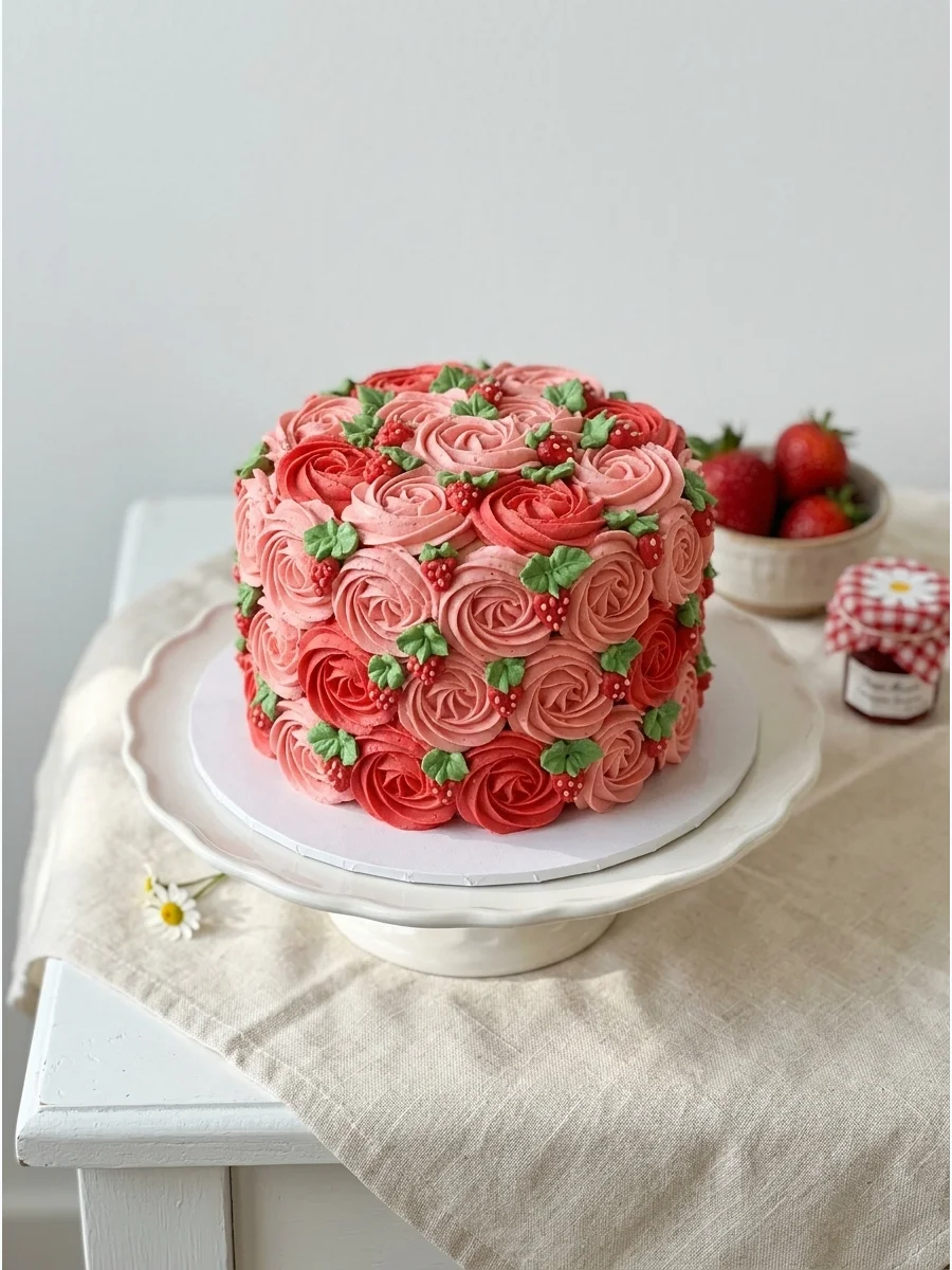 A smash cake covered in red and pink buttercream rosettes with green leaf accents.