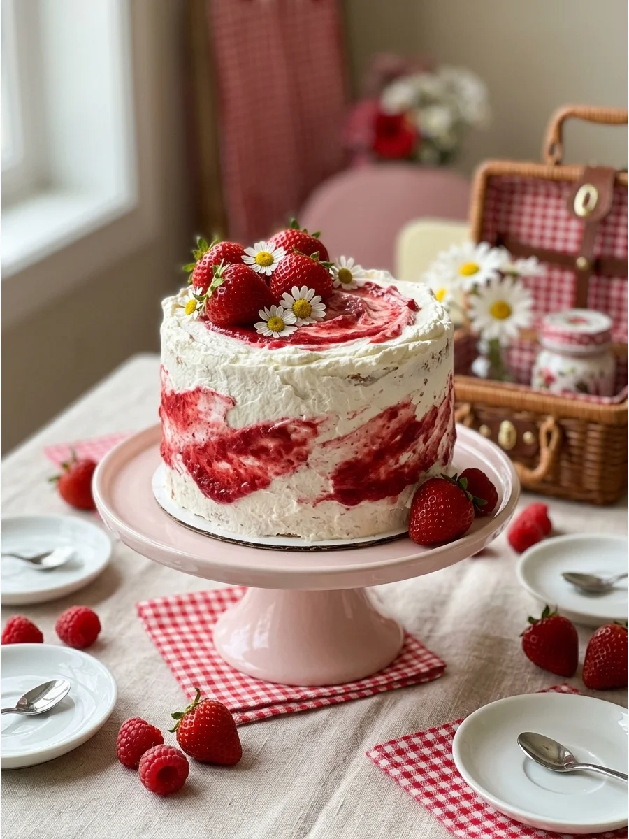 A white whipped cream cake with a red fruit purée swirl on a simple plate.