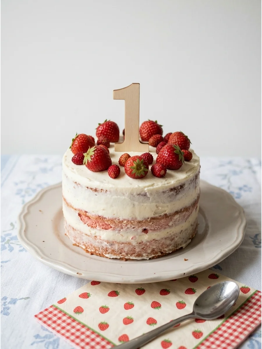 A rustic naked smash cake topped with fresh strawberries and a gold number one.