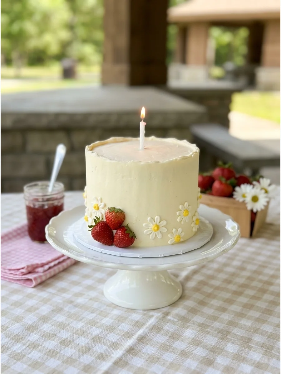 A cream cake decorated with small strawberries and white piped daisies.