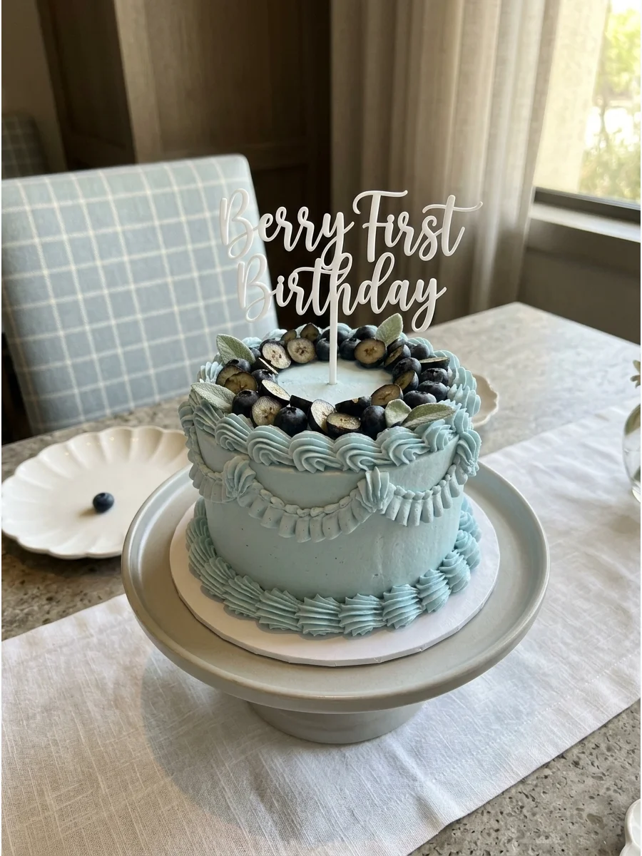 A white smash cake decorated with blueberries and green leaves for a boy or girl.