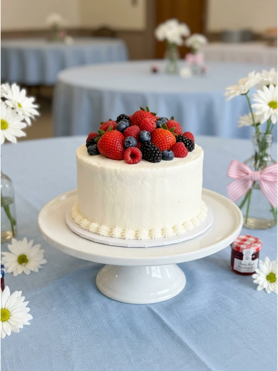 A white smash cake topped with a mound of strawberries, blueberries, and raspberries.