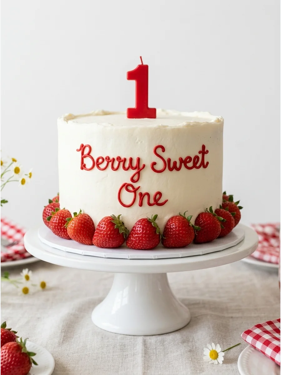 A white birthday cake with red script lettering and fresh strawberries around the bottom border.