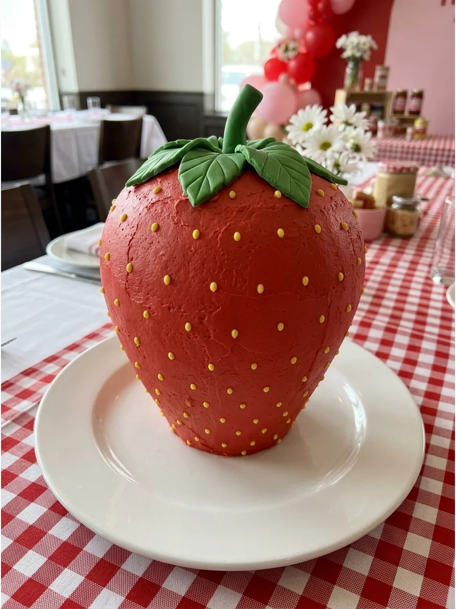 A cake sculpted to look like a giant red strawberry with green leaves on top.