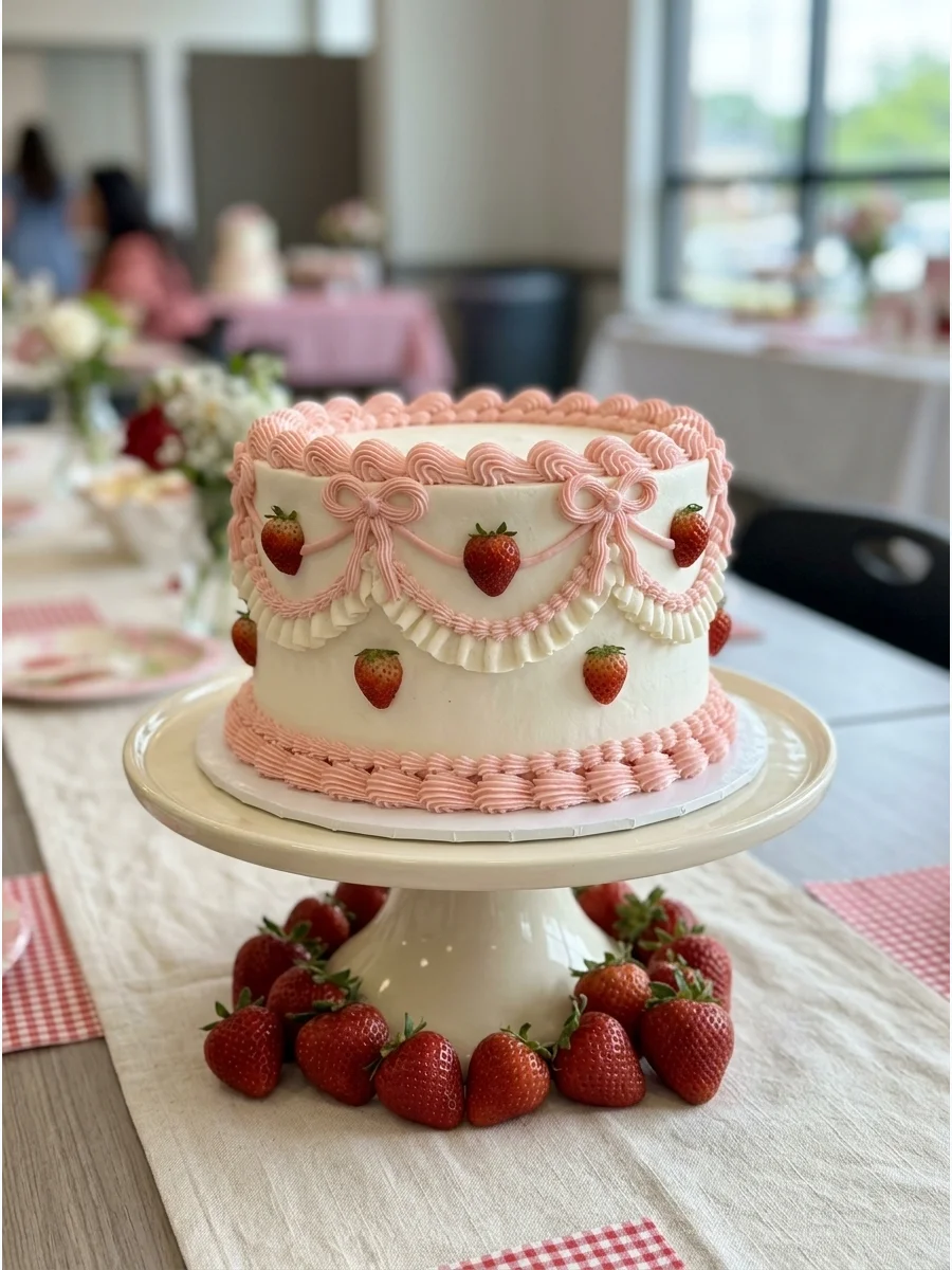 A vintage-style white cake with pink buttercream ruffles and fresh strawberries.