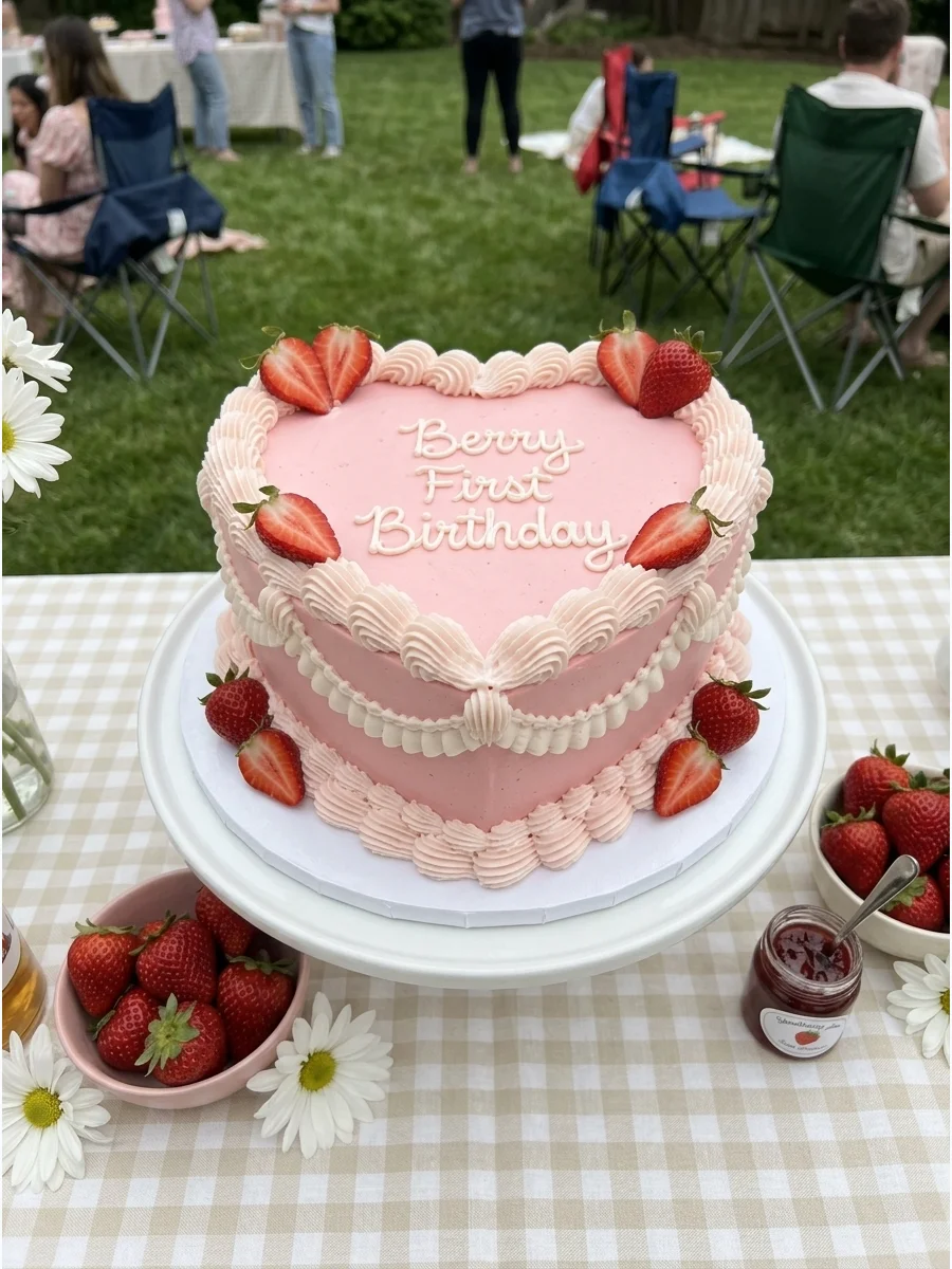 A pink heart-shaped birthday cake with vintage white piping and red text.