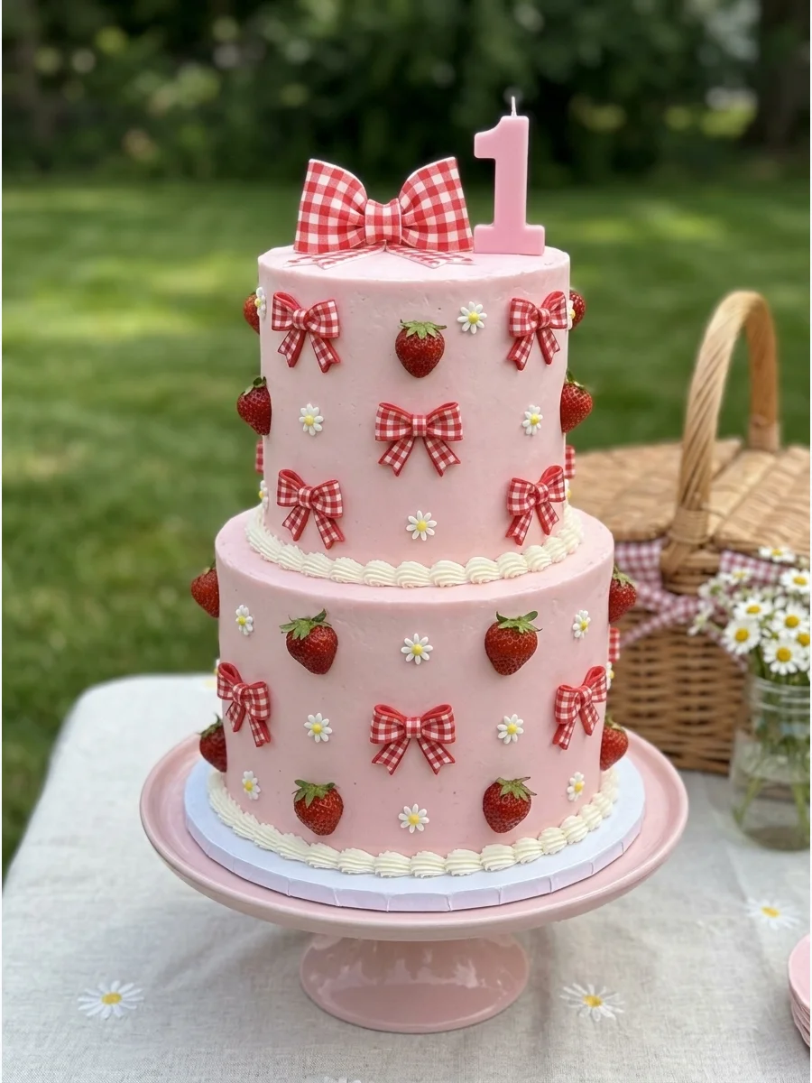 A pink birthday cake with small red bows and a large number-one topper.