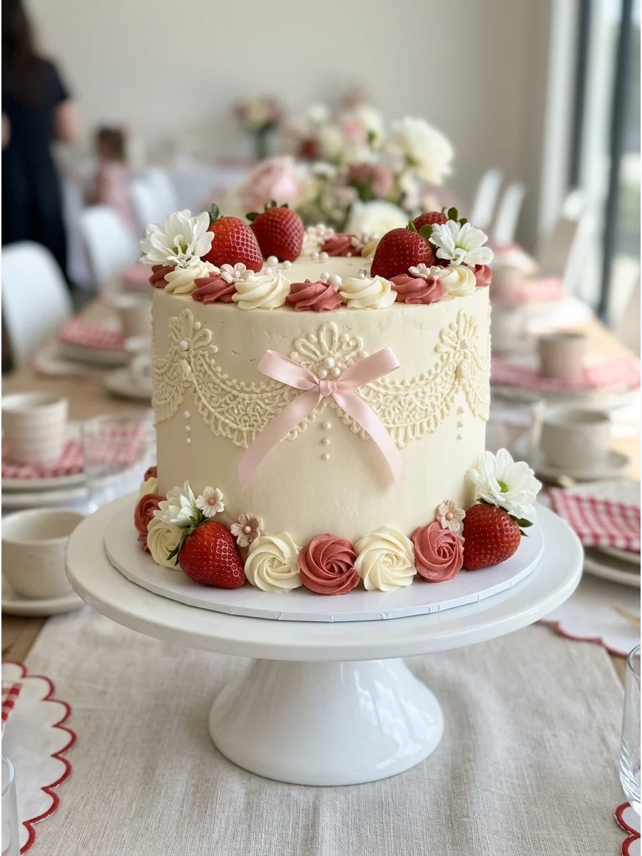 An ivory coquette-style cake with lace piping and small pink bows.