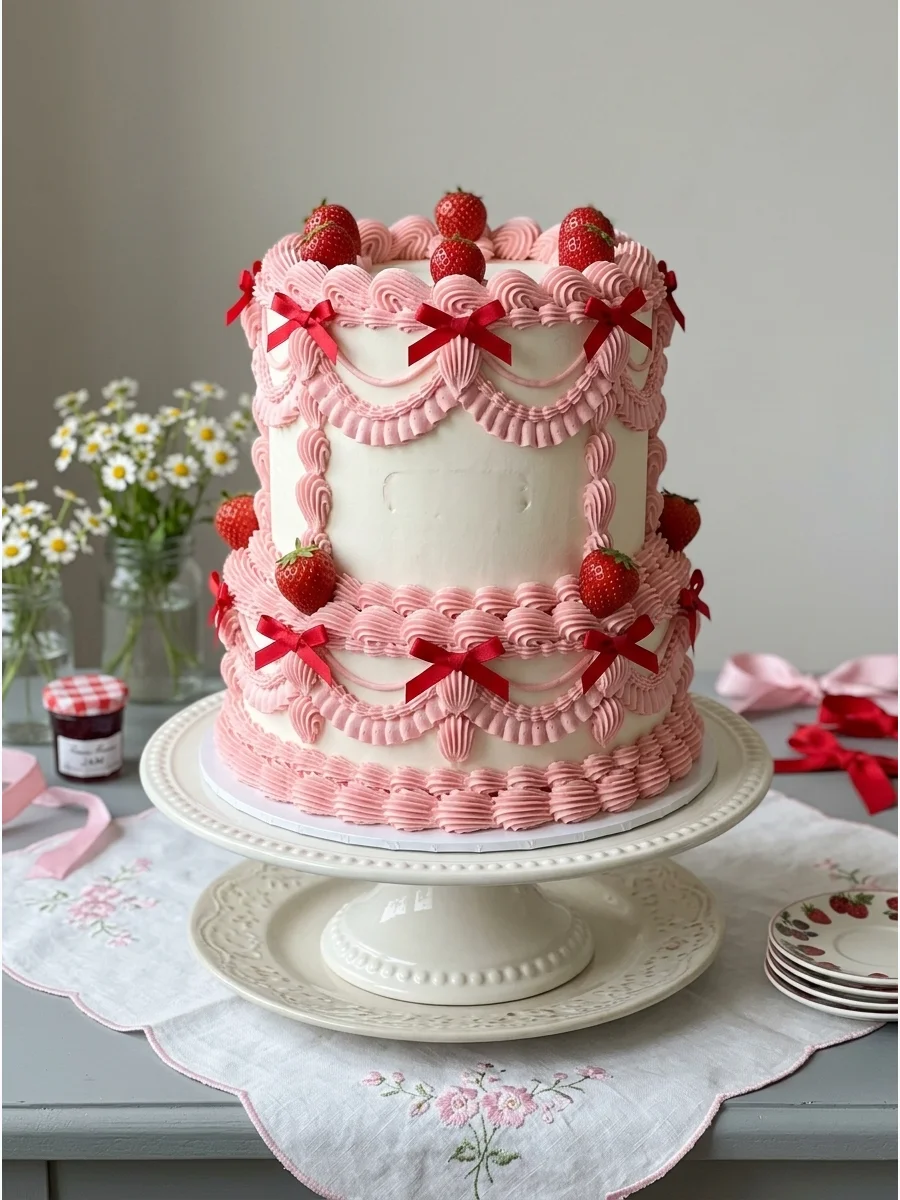A white cake featuring intricate Lambeth-style pink piping and fresh strawberries.