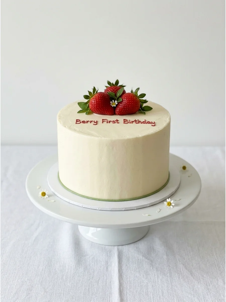 A minimalist ivory cake with a small strawberry cluster and simple text.