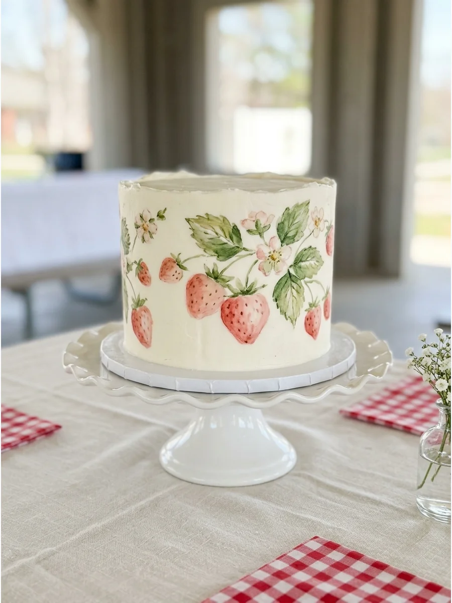 A white birthday cake with hand-painted watercolor strawberry designs.