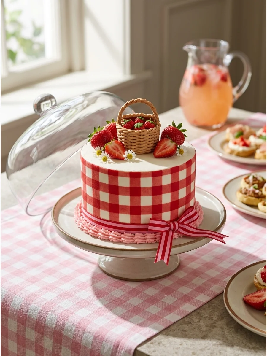 A gingham-patterned cake with strawberries and a small picnic basket topper.